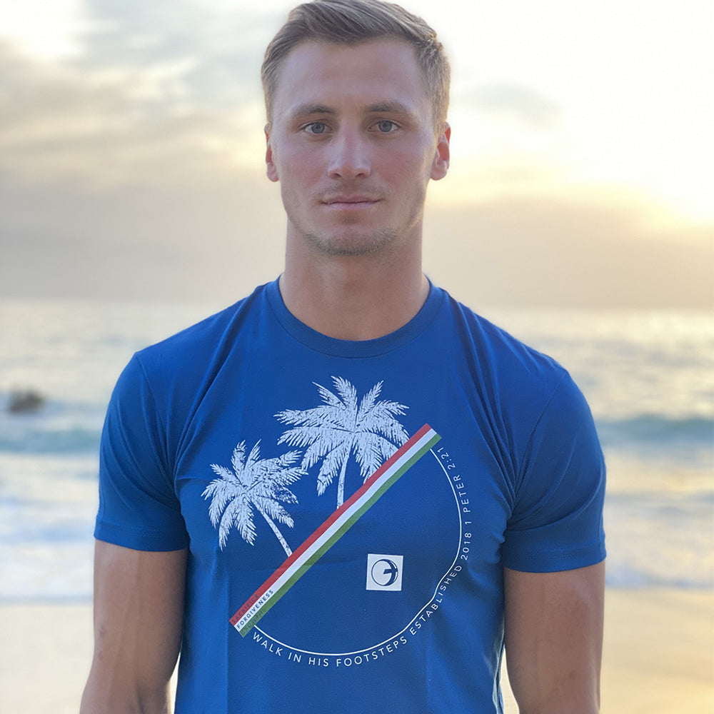 Palm Tree Mens Christian Tee - Royal Blue