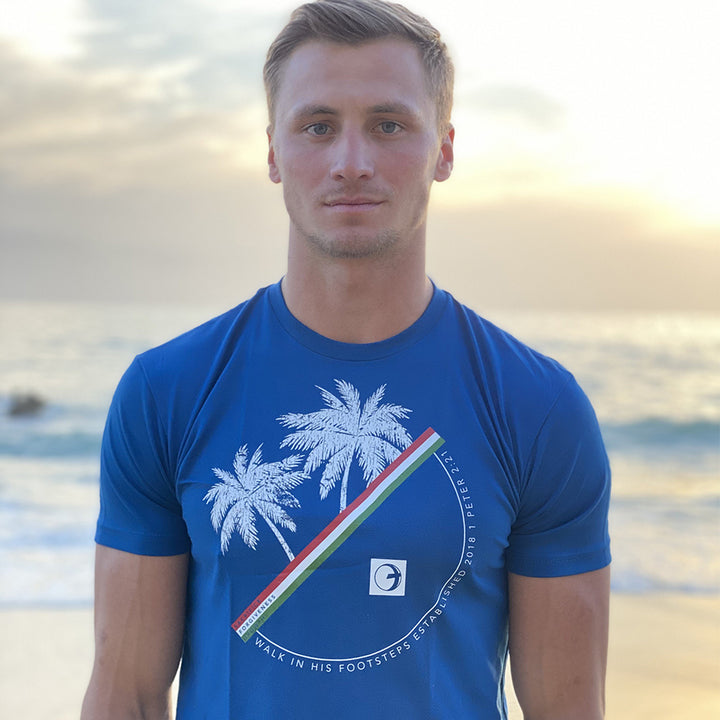 Palm Tree Mens Christian Tee - Royal Blue