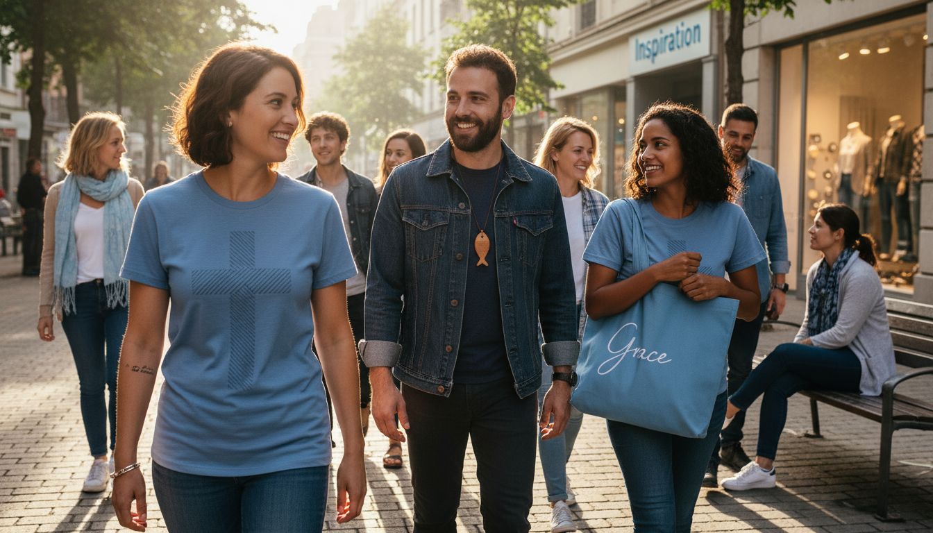 Diverse people in faith-inspired street fashion