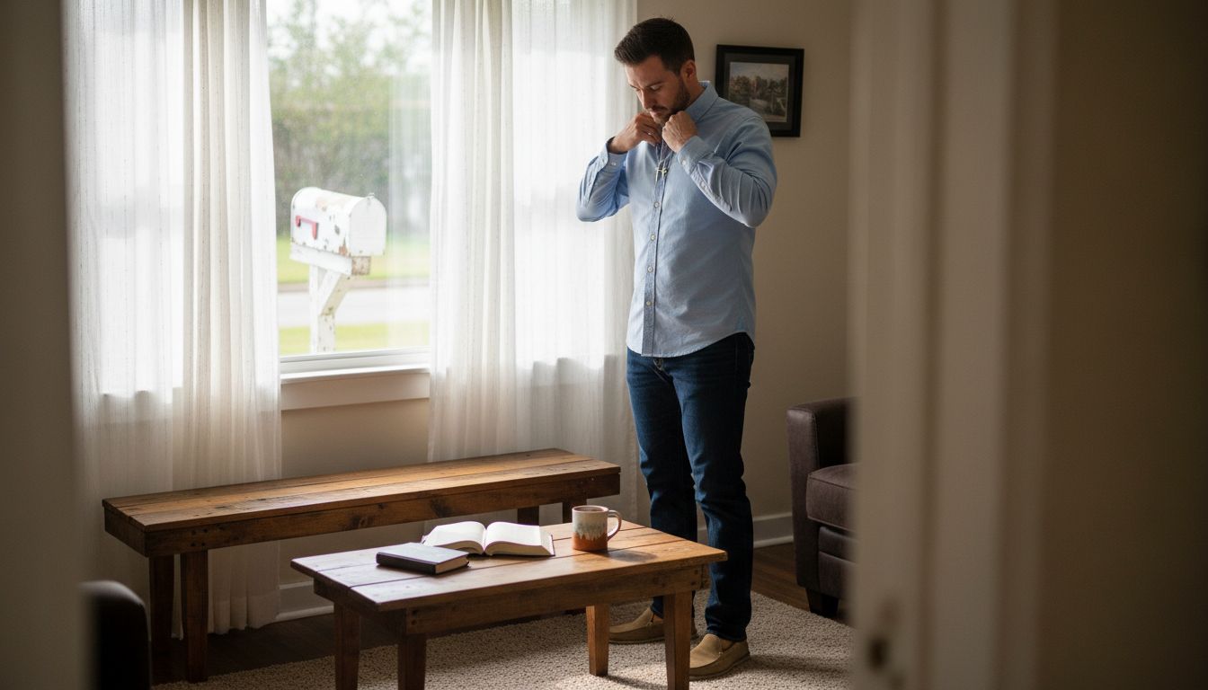 Man adjusting shirt displays Christian style