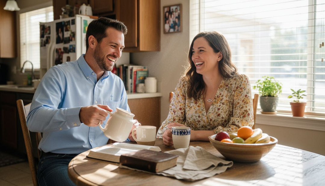 Christian couple wearing casual outfits at breakfast table