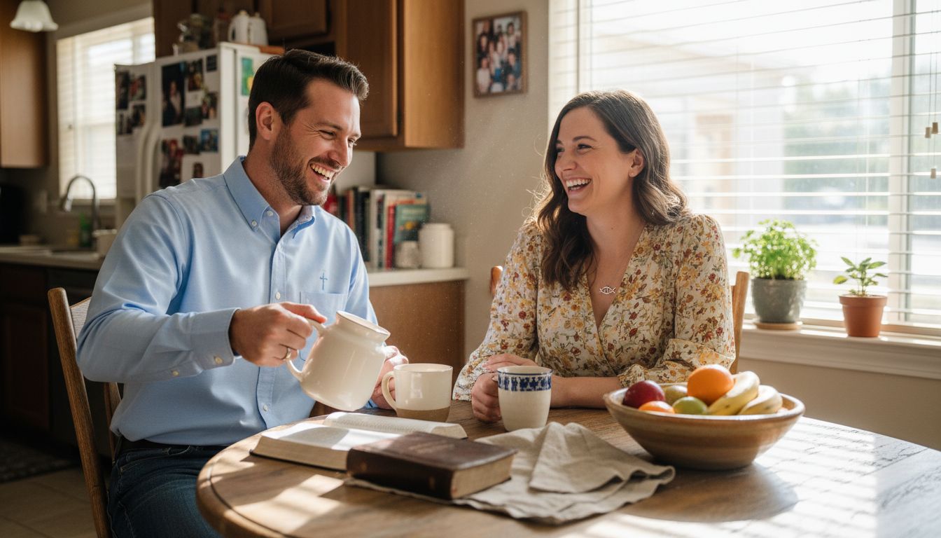 Christian couple wearing casual outfits at breakfast table
