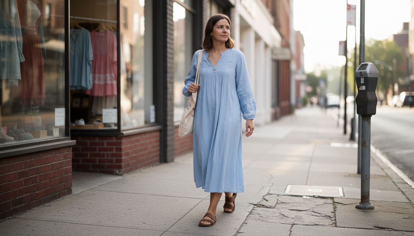 Woman wearing Christian-inspired modest outfit on city street
