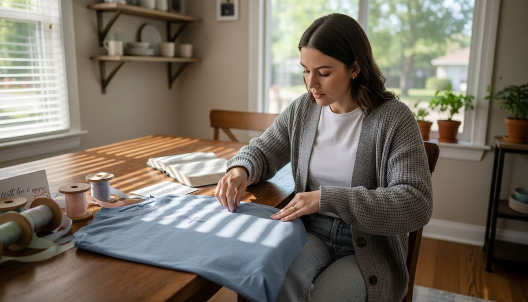 Woman wrapping faith-based apparel as gift