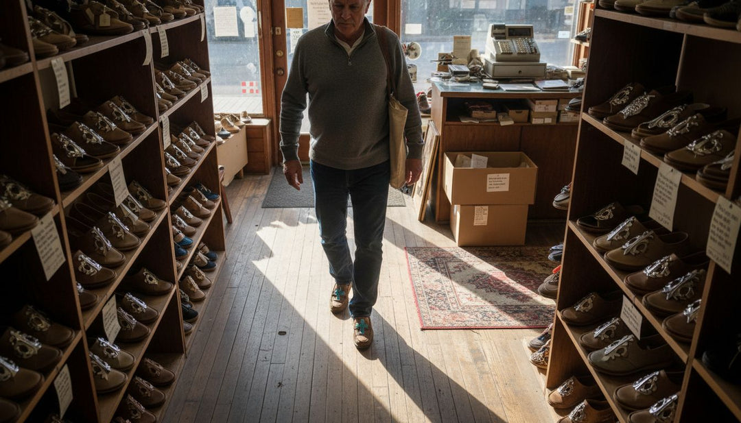 Shopper walks in Christian footwear store