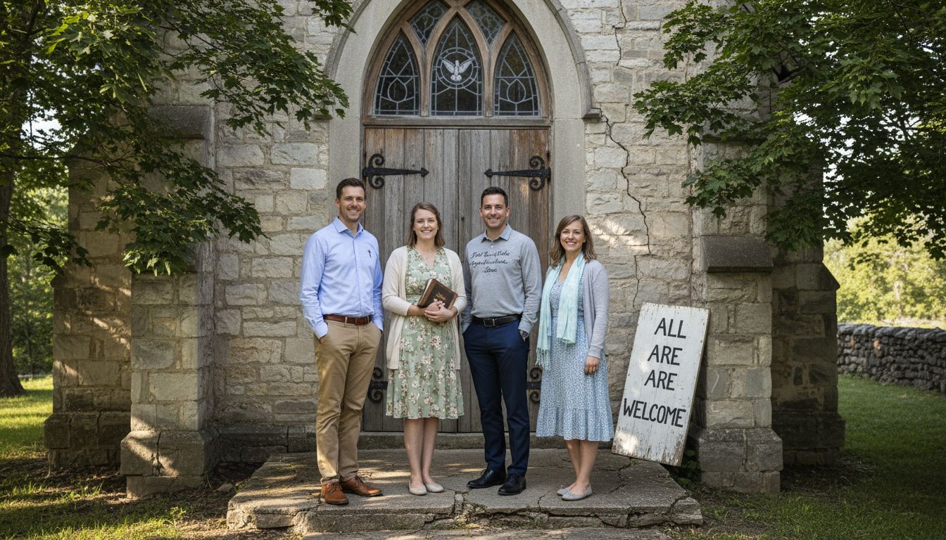 Group wearing Christian outfits outside church