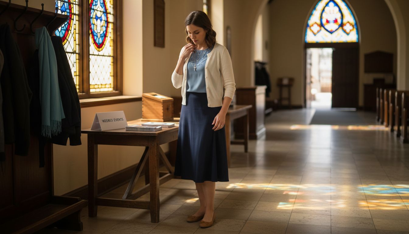 Woman preparing outfit at church entrance