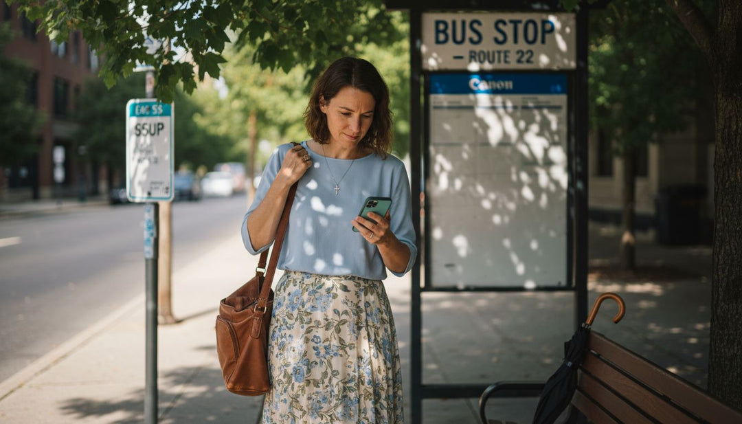 Christian woman in modest style waiting at city bus stop