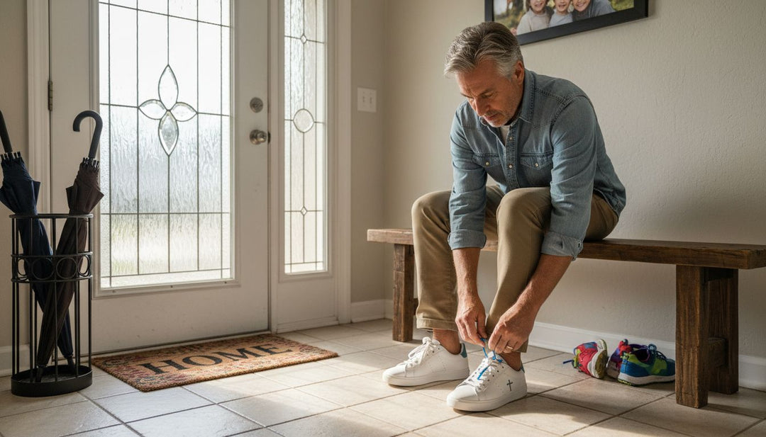 Man tying Christian shoes in entryway
