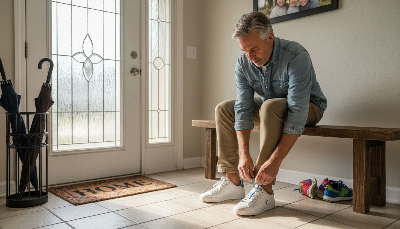 Man tying Christian shoes in entryway