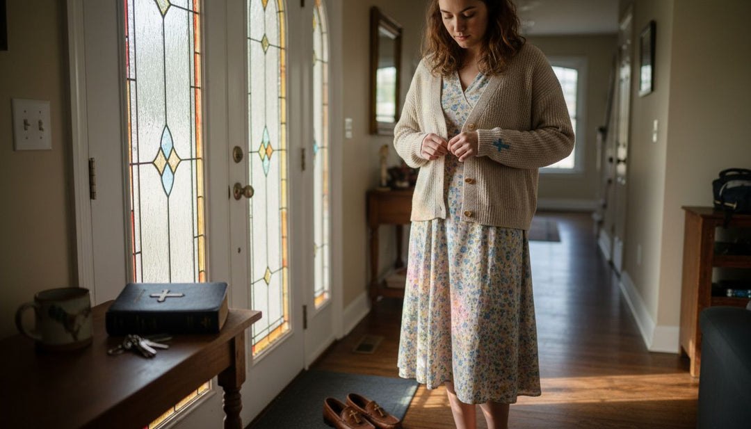 Woman organizing faith-inspired outfit at home