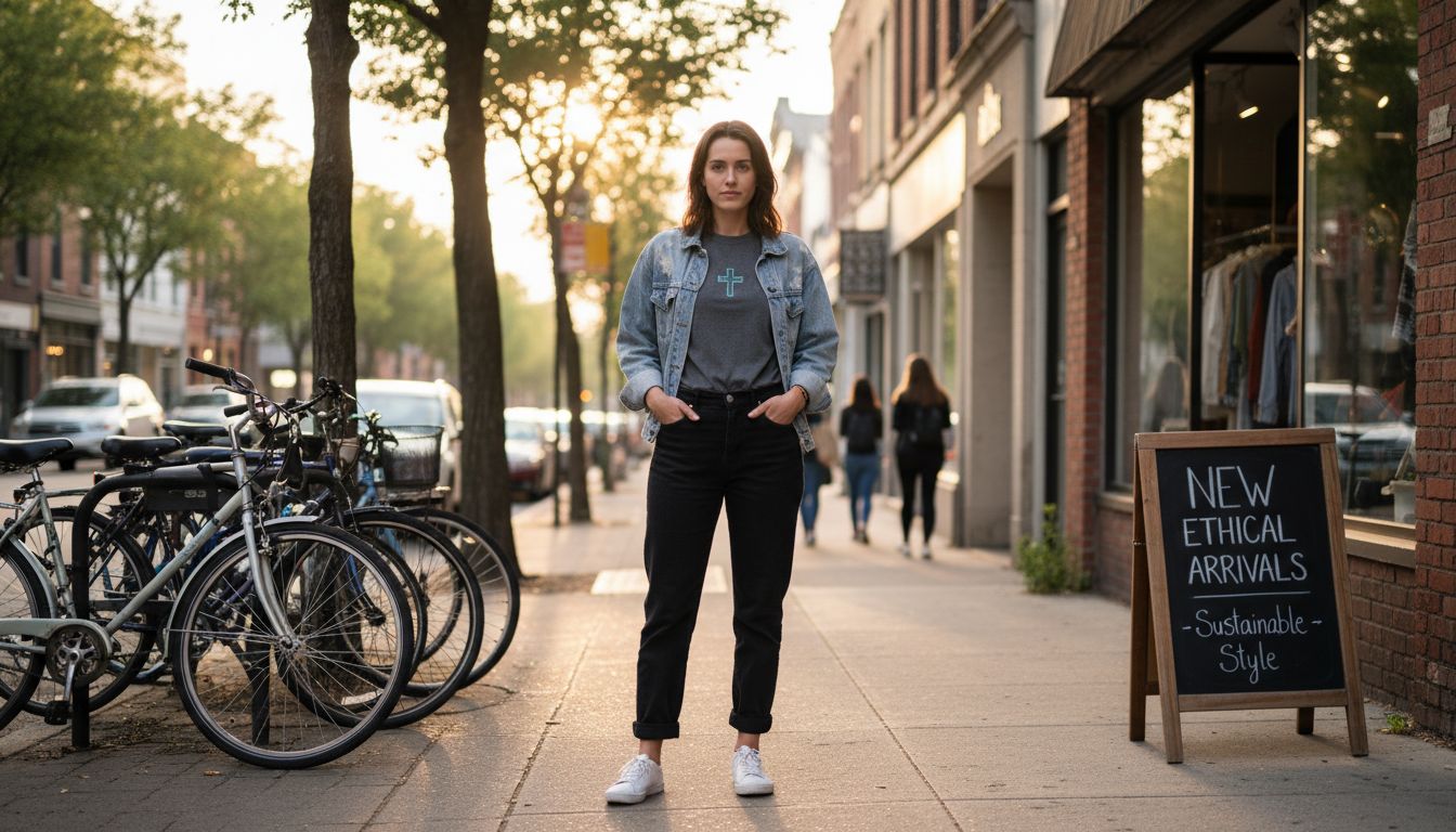 Woman wearing faith fashion on urban street