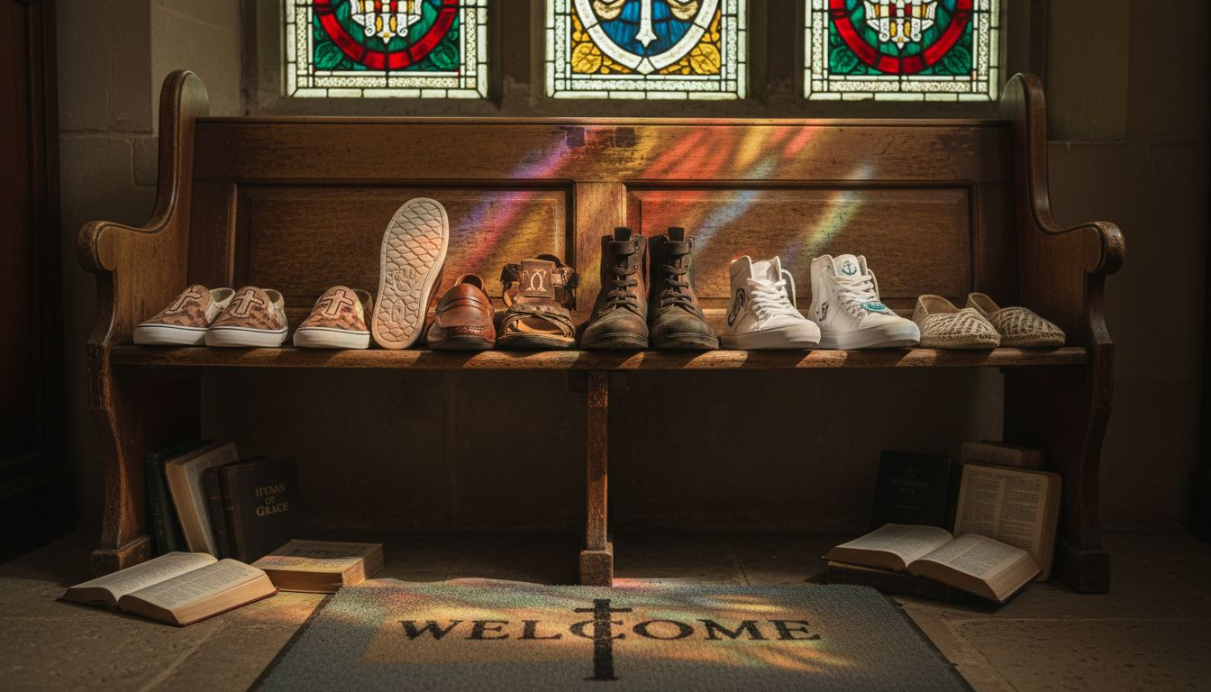 Variety of Jesus inspired shoes on church bench