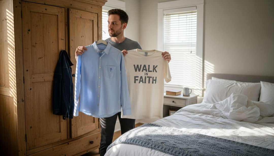 Man selecting Christian wardrobe in bedroom