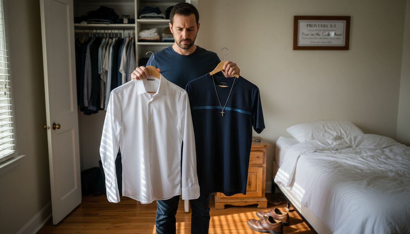 Man choosing clothes in closet reflecting Christian style