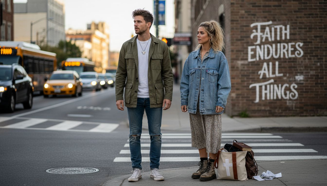 Urban Christian-inspired fashion on city street