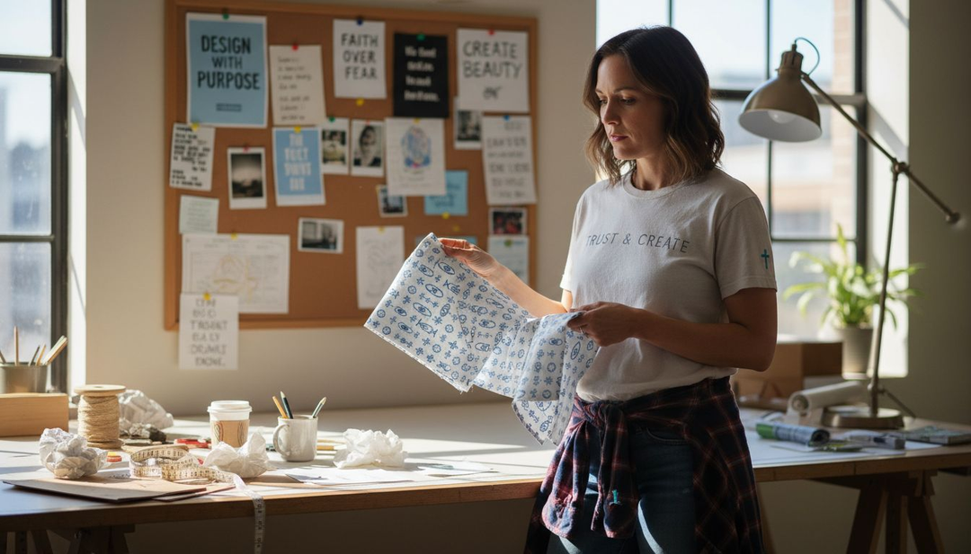 Designer reviewing Christian clothing samples studio