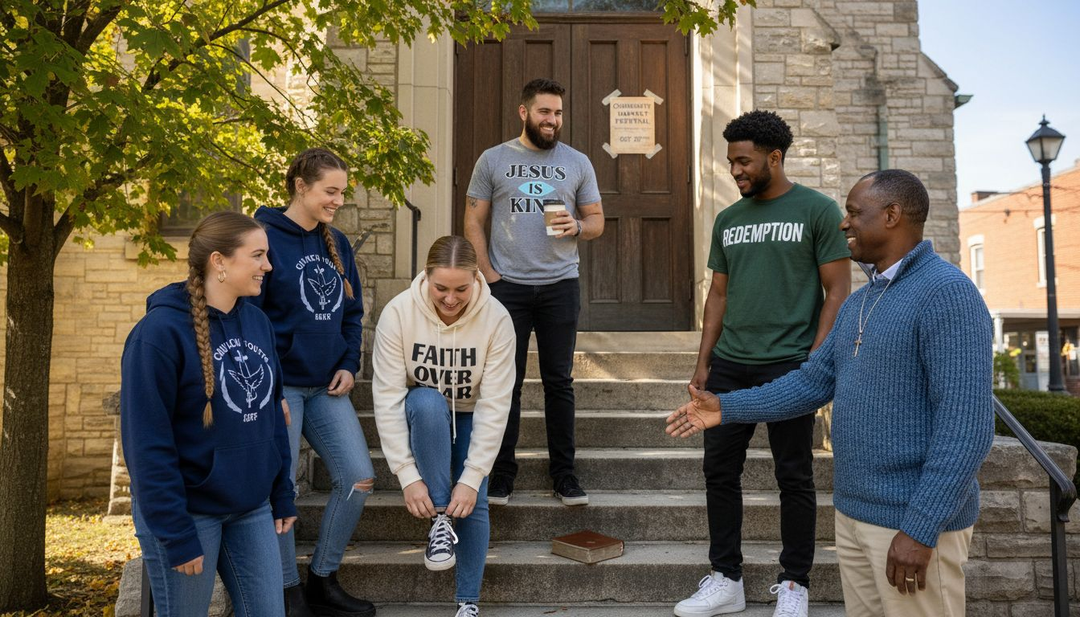 Group wearing Christian message shirts outside church