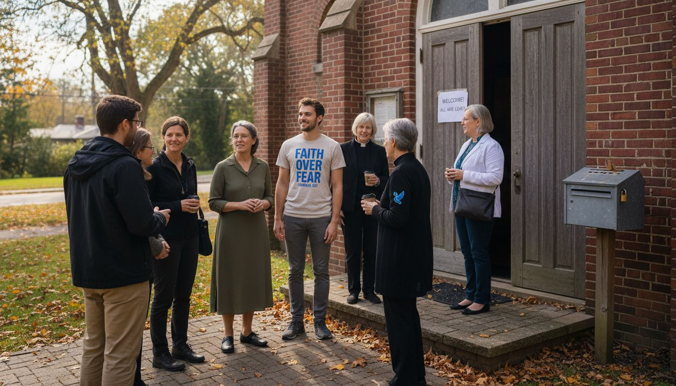 Diverse group wearing Christian apparel outside church