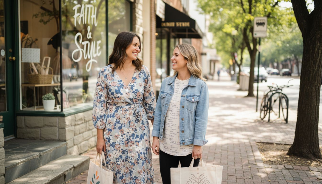 Christian women wearing faith-based fashion downtown