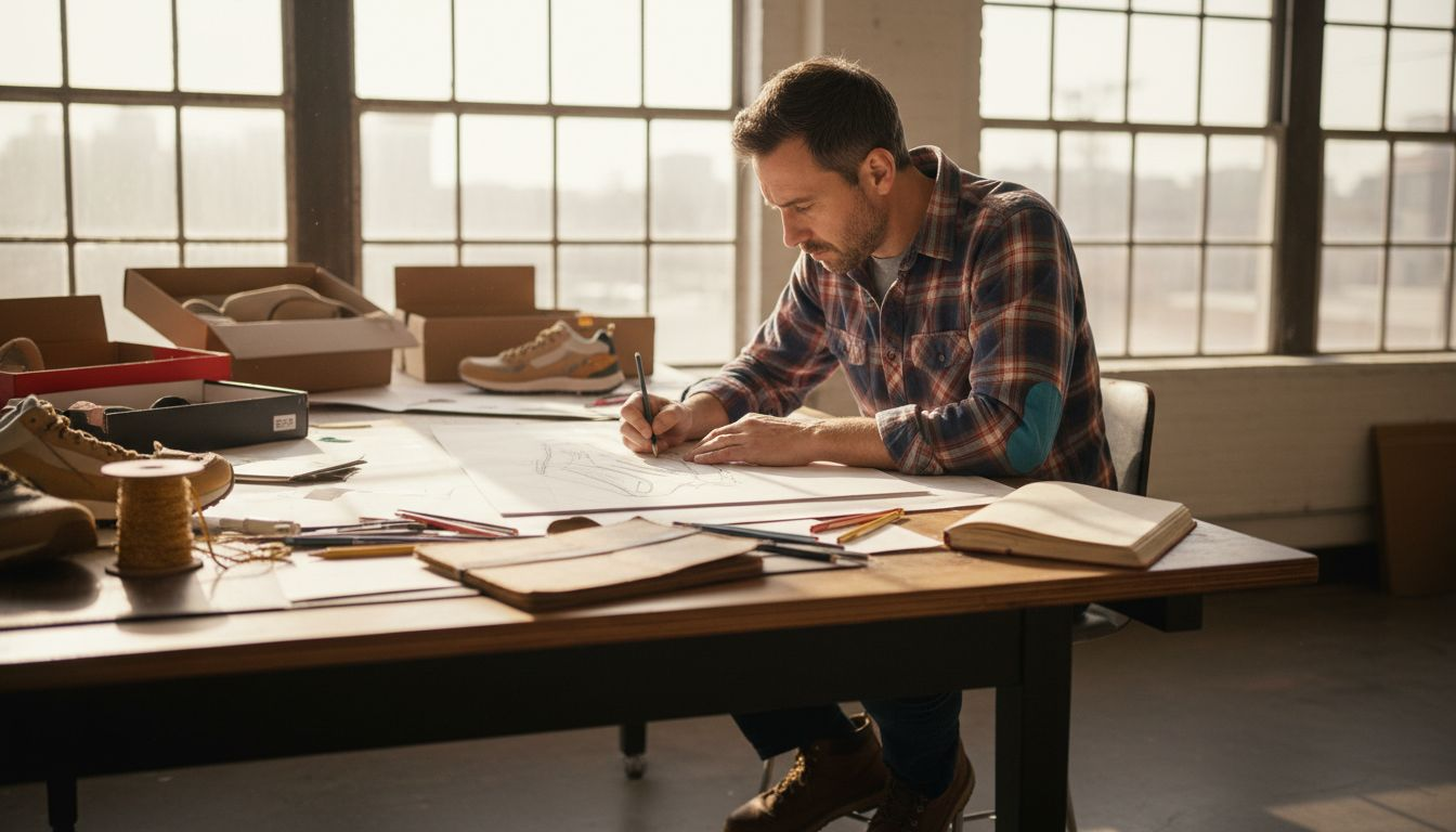 Shoe designer sketching in sunny studio