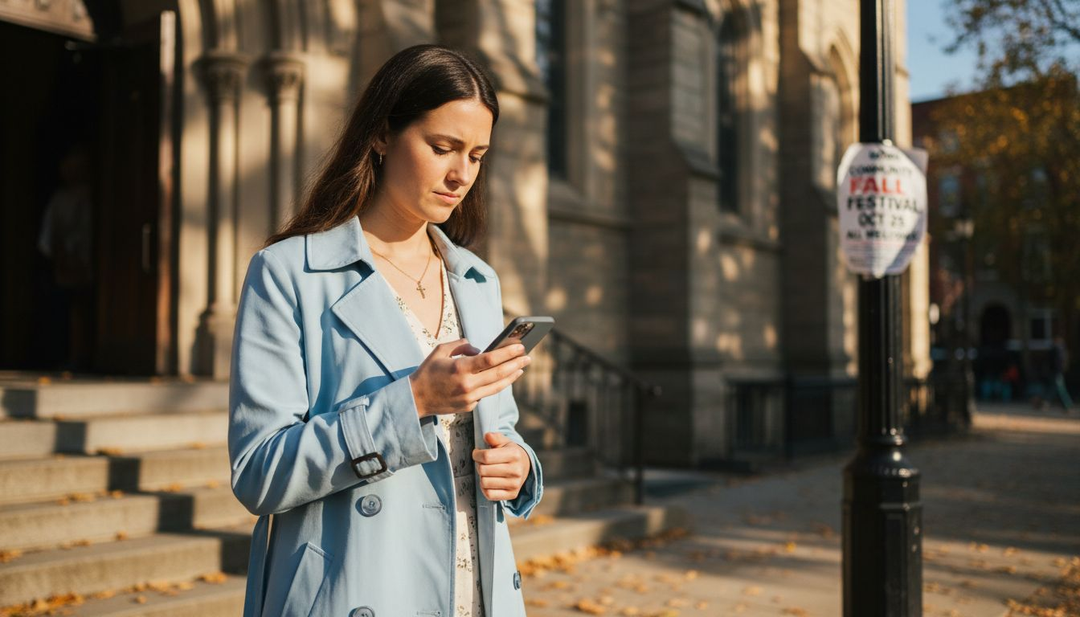 Woman expressing faith through fashion outside church