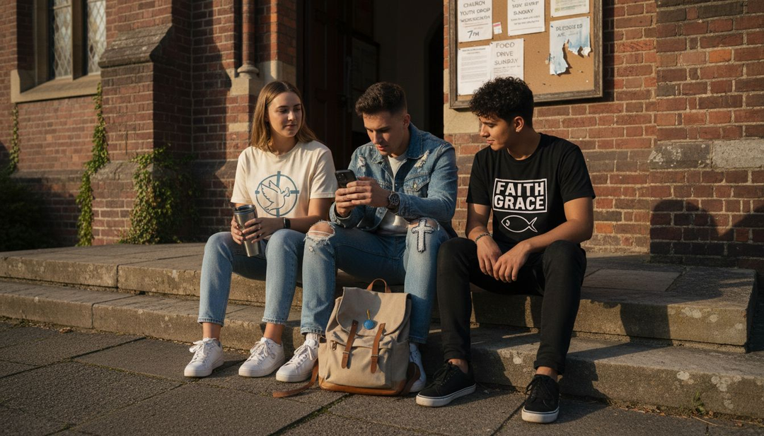Young adults in Christian apparel outside church