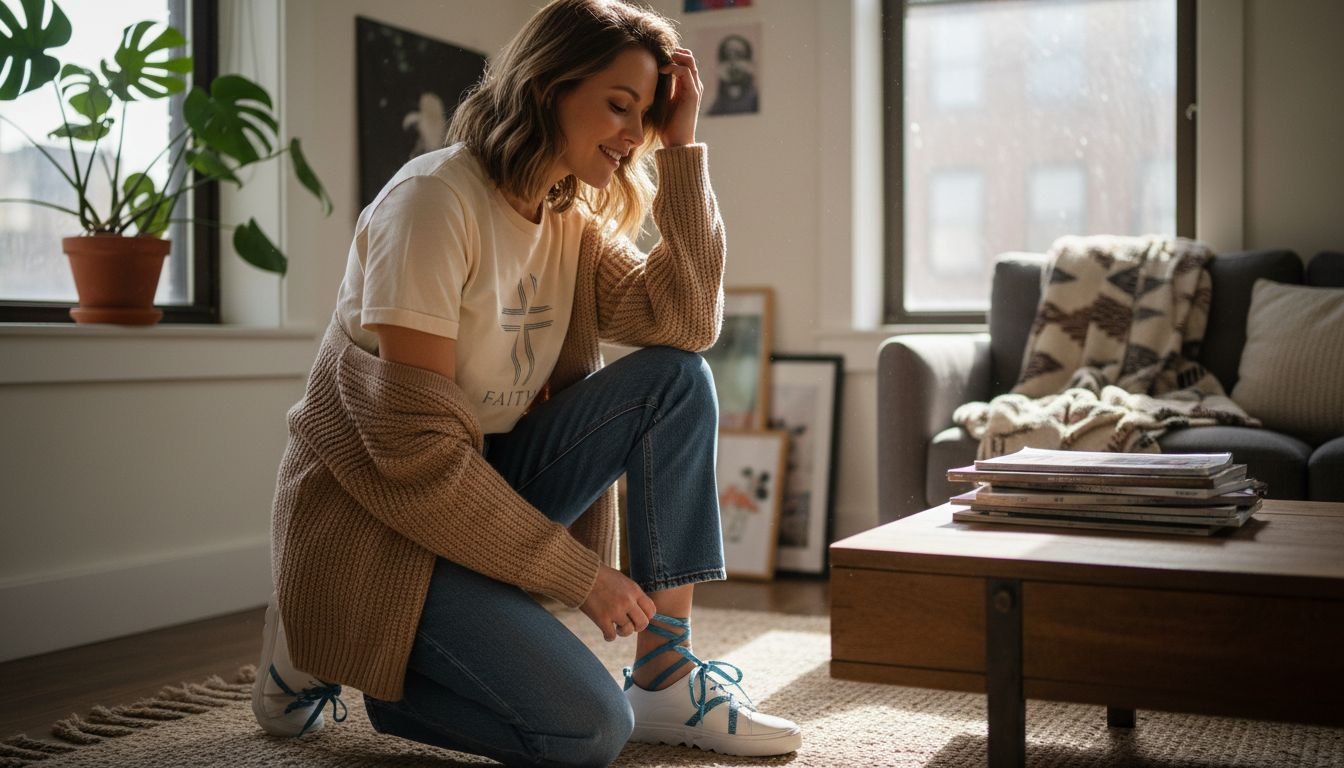 Woman styling faith-inspired casual outfit at home