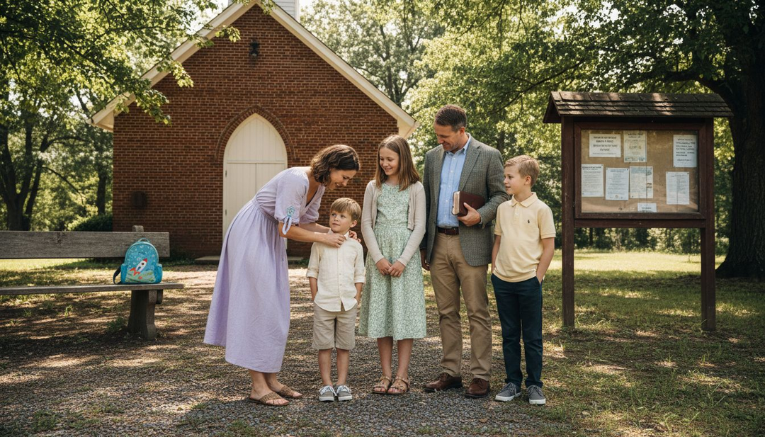Family outside church in modest coordinated outfits