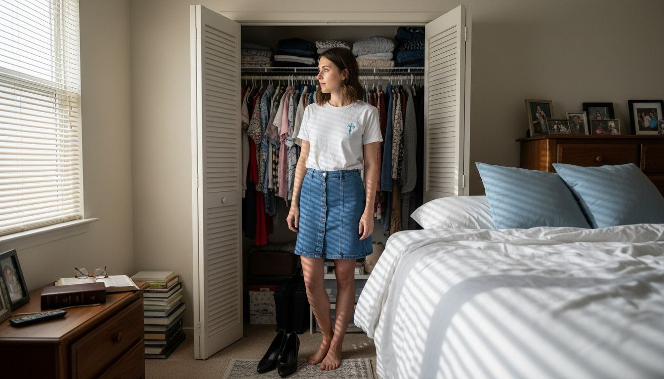 Woman choosing Christian outfit from her wardrobe