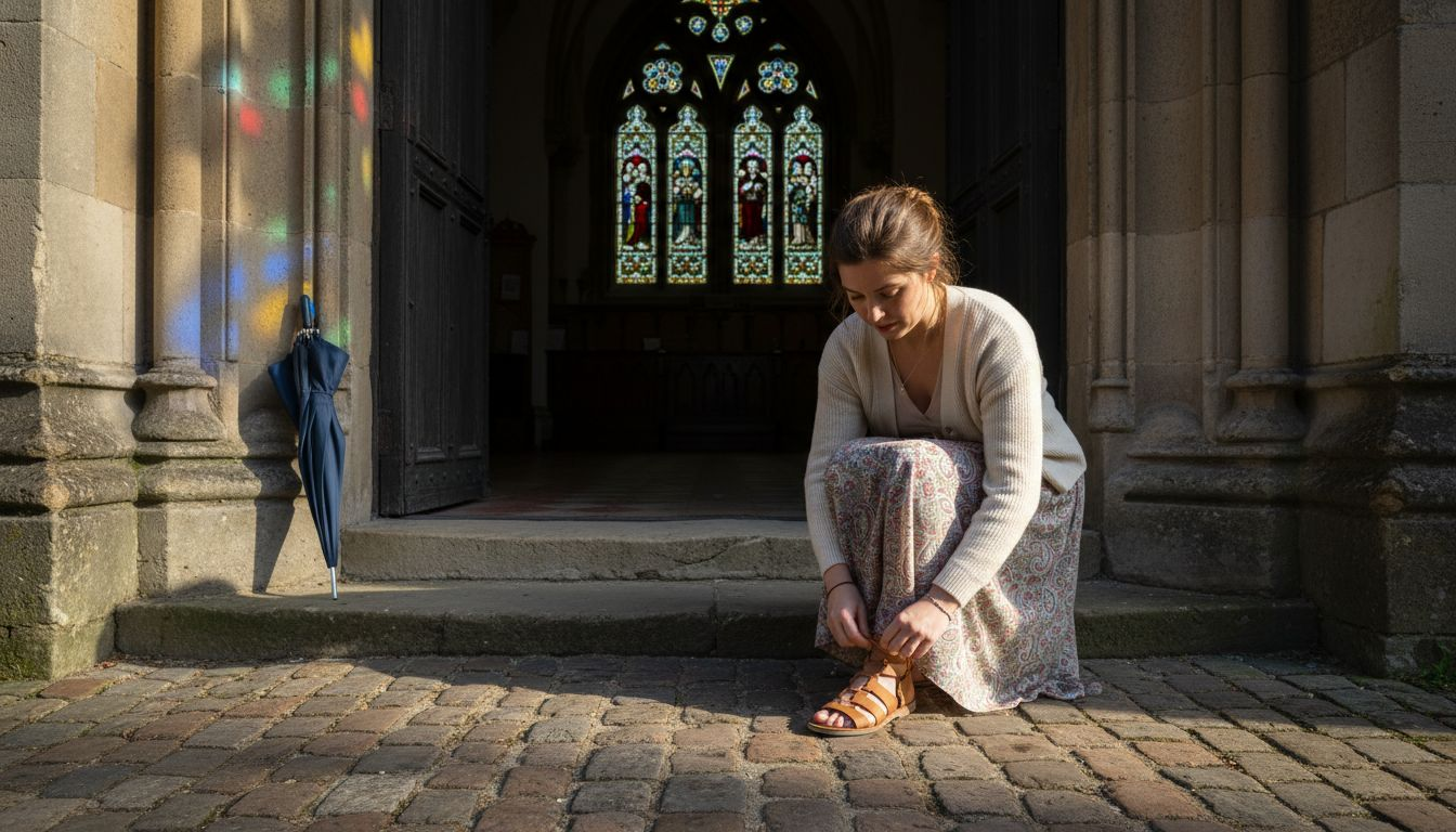 Woman preparing religious sandals at church entrance