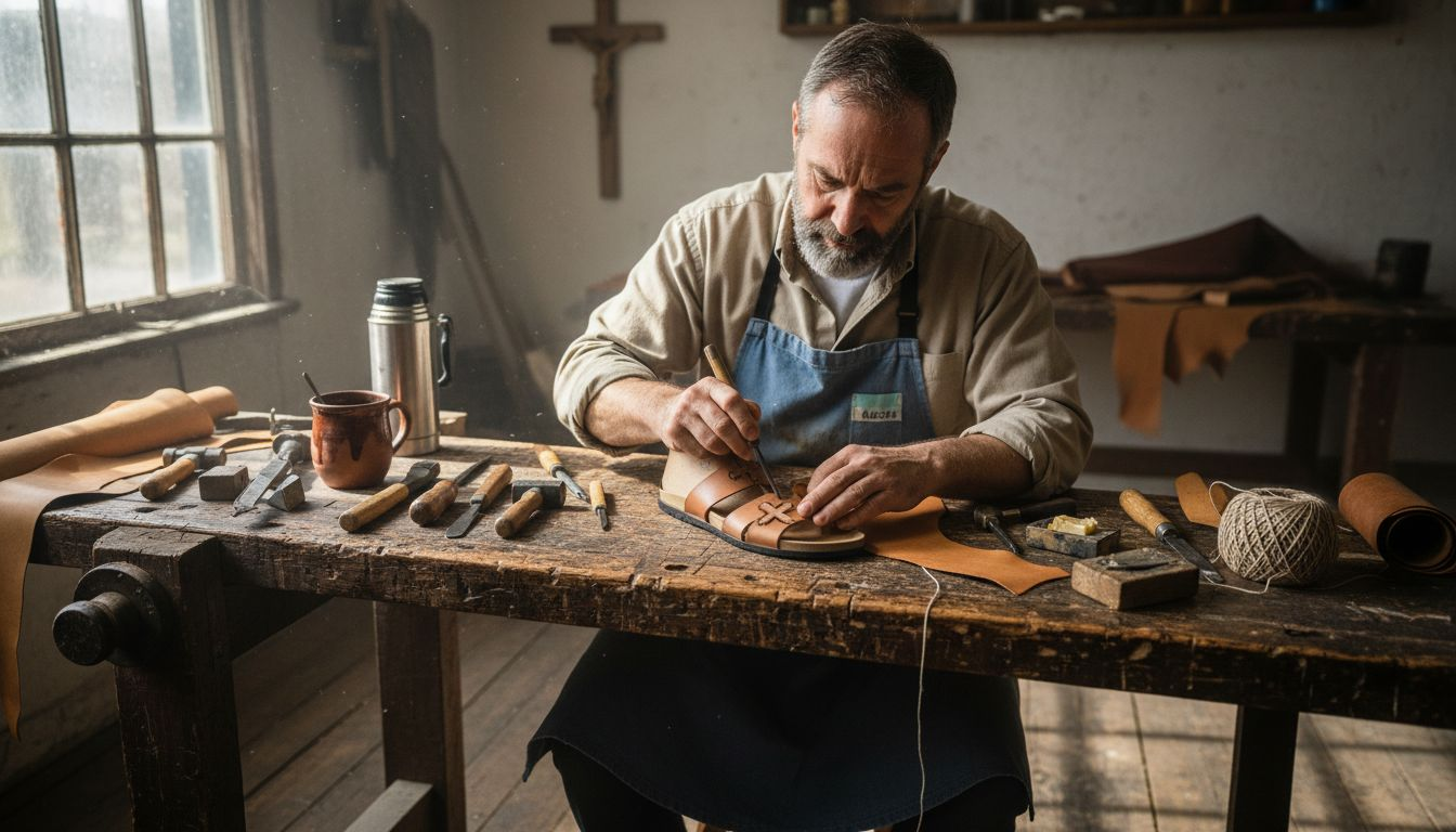 Shoemaker crafting christian sandals in workshop
