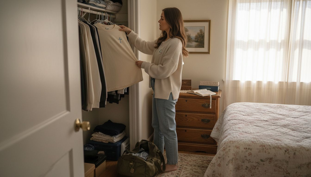 Woman choosing Christian apparel from organized closet