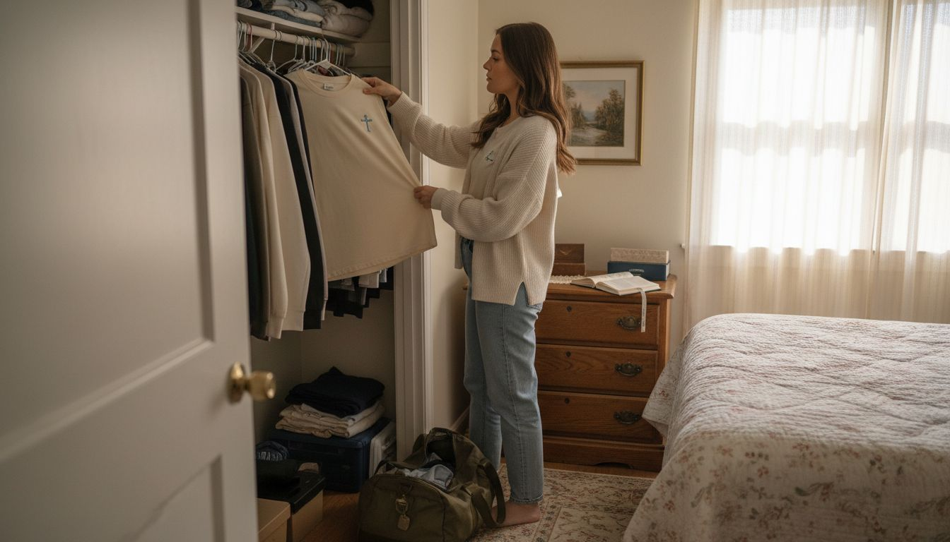 Woman choosing Christian apparel from organized closet