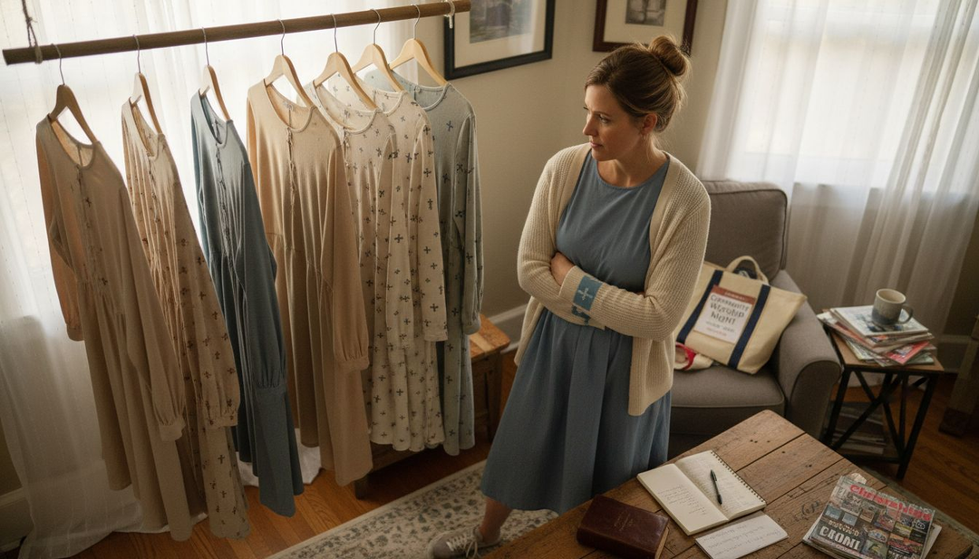 Christian woman choosing faith-based clothes