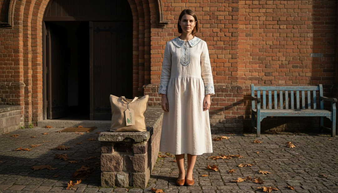 Woman outside church in modest ethical clothing
