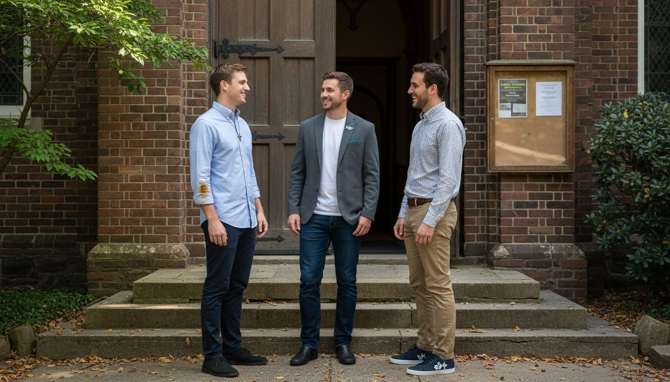 Three Christian men in stylish faith-inspired outfits talking outside church