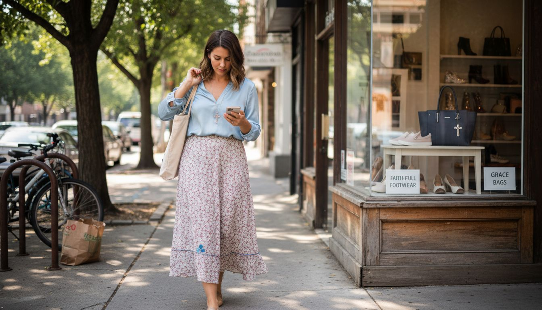 Woman in faith-inspired fashion walking past boutique