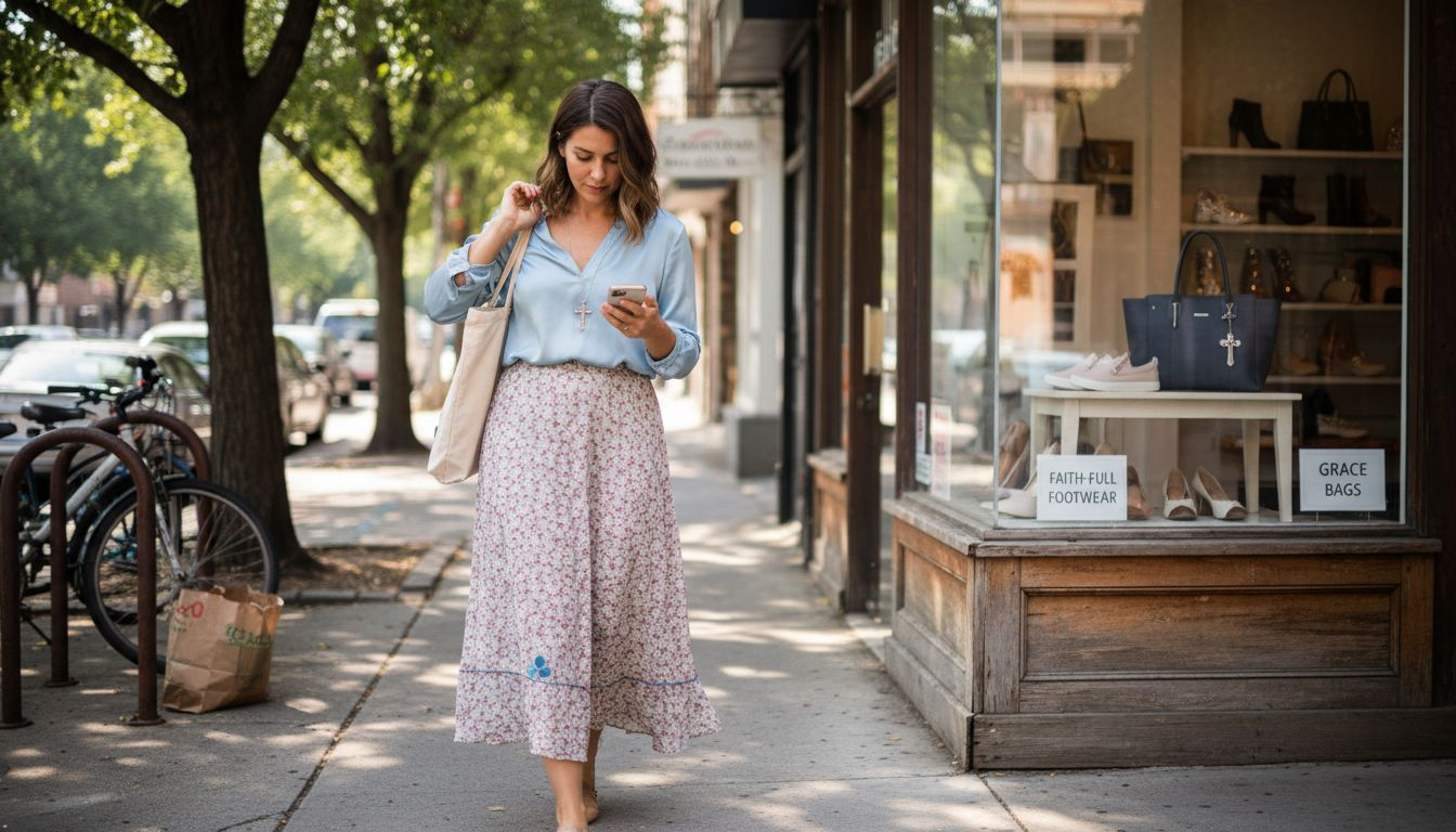 Woman in faith-inspired fashion walking past boutique