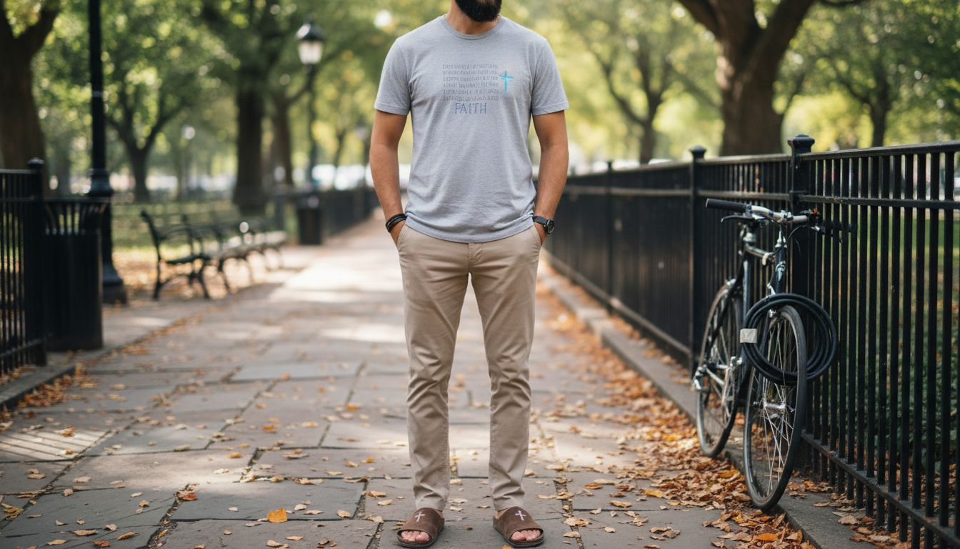 Christian man in stylish faith-inspired outfit outdoors