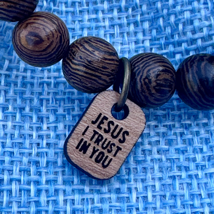 Wooden Unisex Bracelet with Message - "Jesus I trust in you"