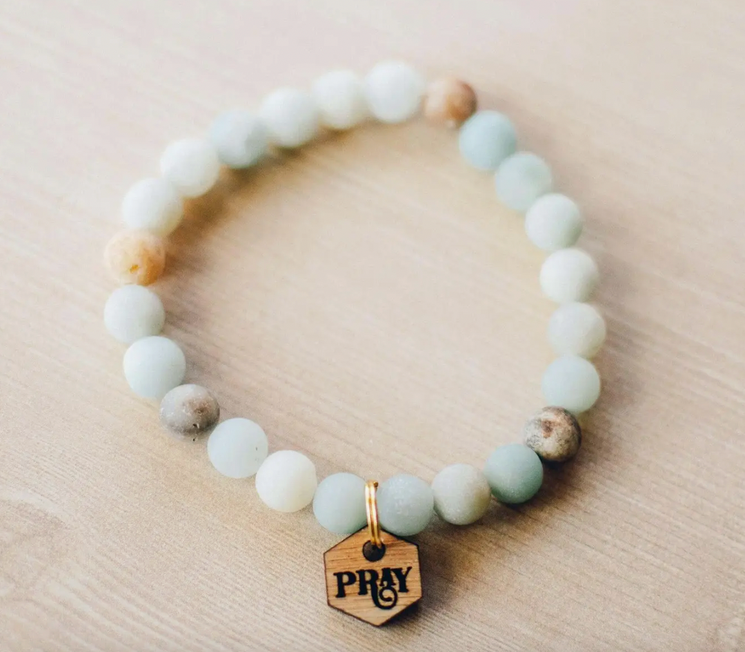 Amazonite Bracelet with Wooden Pray Charm